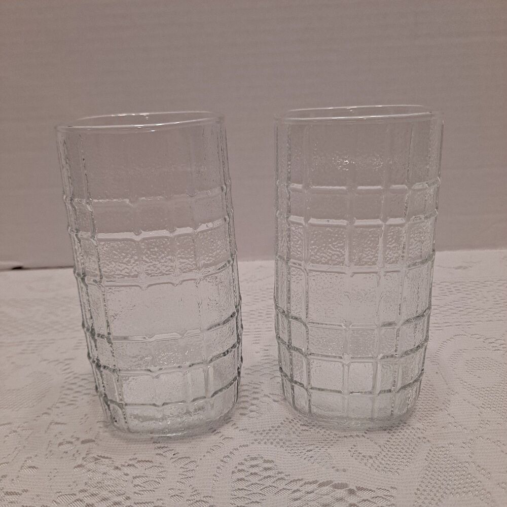 Anchor Hocking "Topaz" Clear Highball Glasses 16 oz Set of 2 Grid Pattern